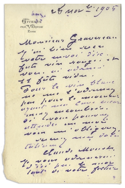 Claude Monet Autograph Letter Signed -- Monet Orders Red Wine From His Wine Merchant But Says He's Well Stocked on White Wine